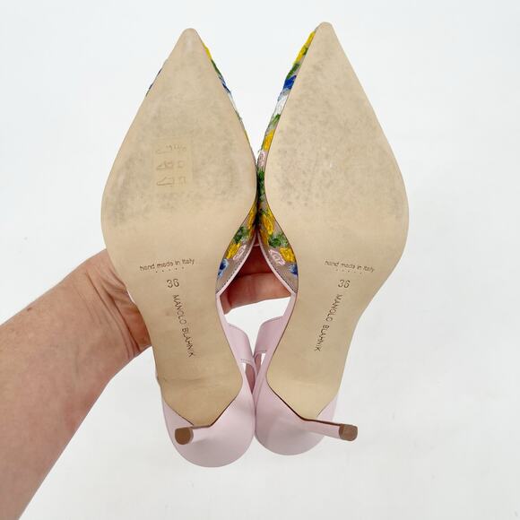 Manolo Blahnik Jardoline Pink Floral Embroidered Mesh Slingback Heels IT 36 - Picture 12 of 14